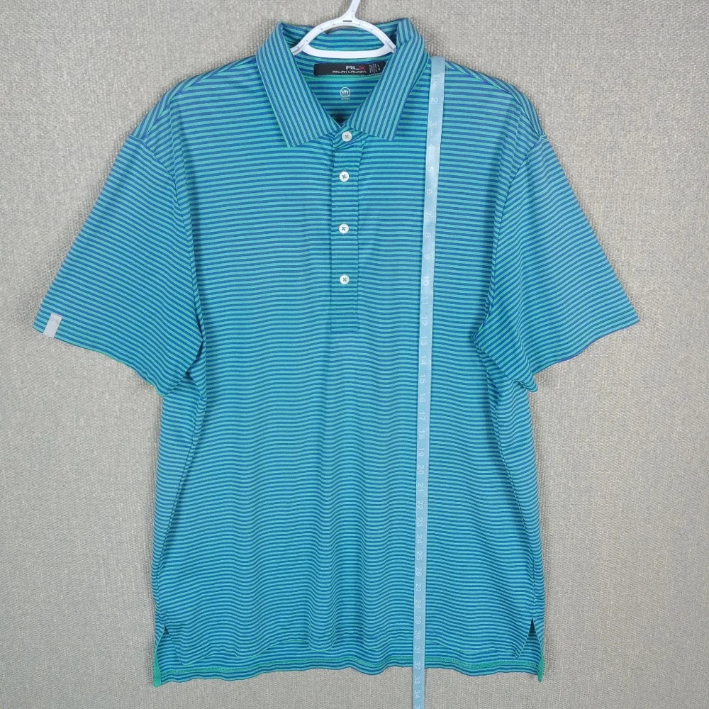 RLX Ralph Lauren Polo Shirt Blue Green Striped Large Golf Performance Preppy